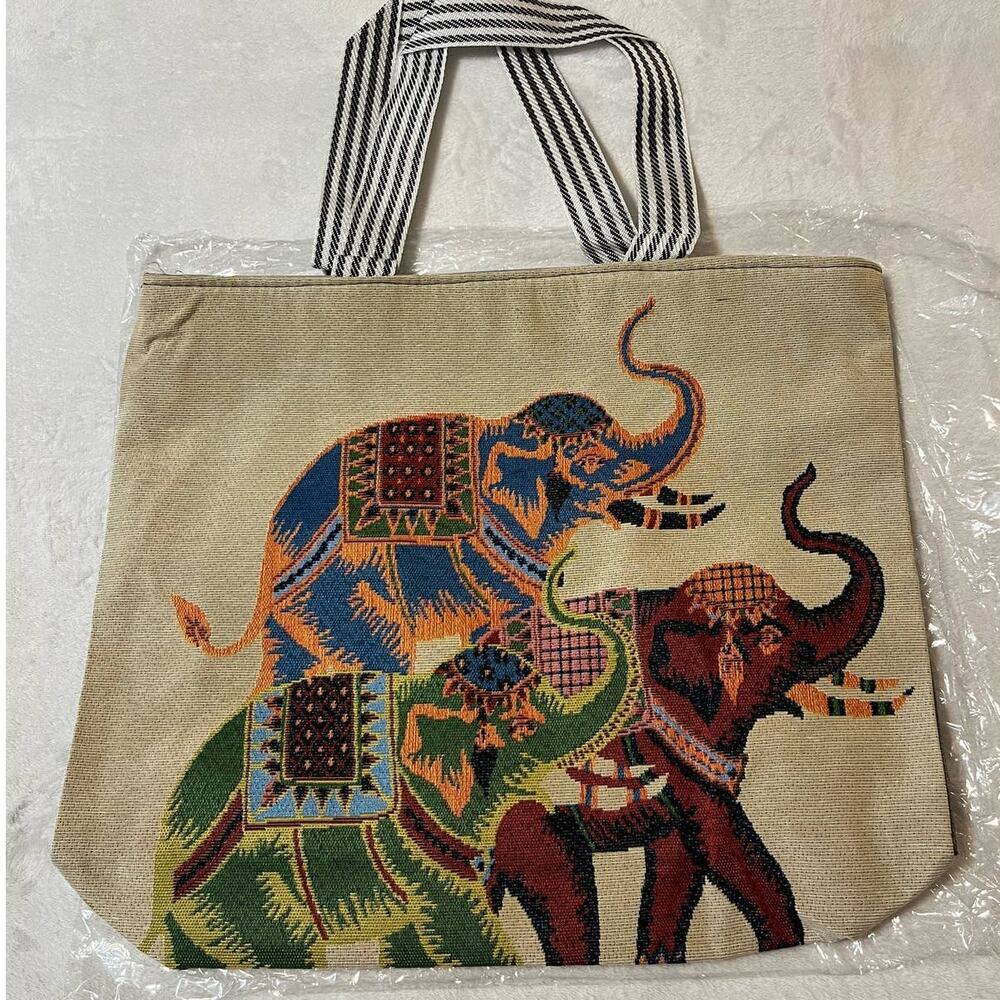 Knitted Canvas Elephant Tote Bag Vintage Embroidery Knitted Shoulder Bag Tote
